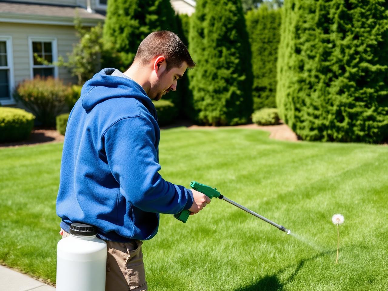 Lawn care technician applying weed control treatment in Woodinville, WA