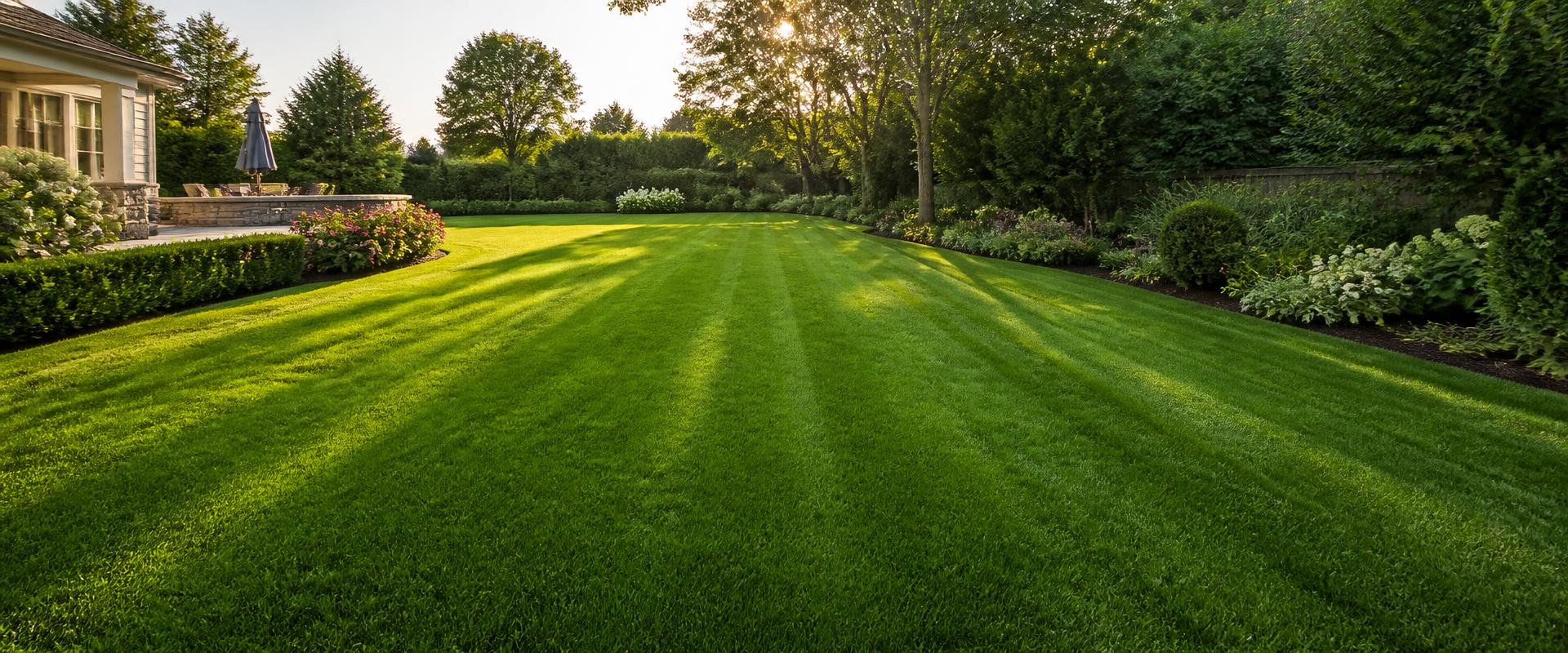 Lush striped backyard lawn at golden hour