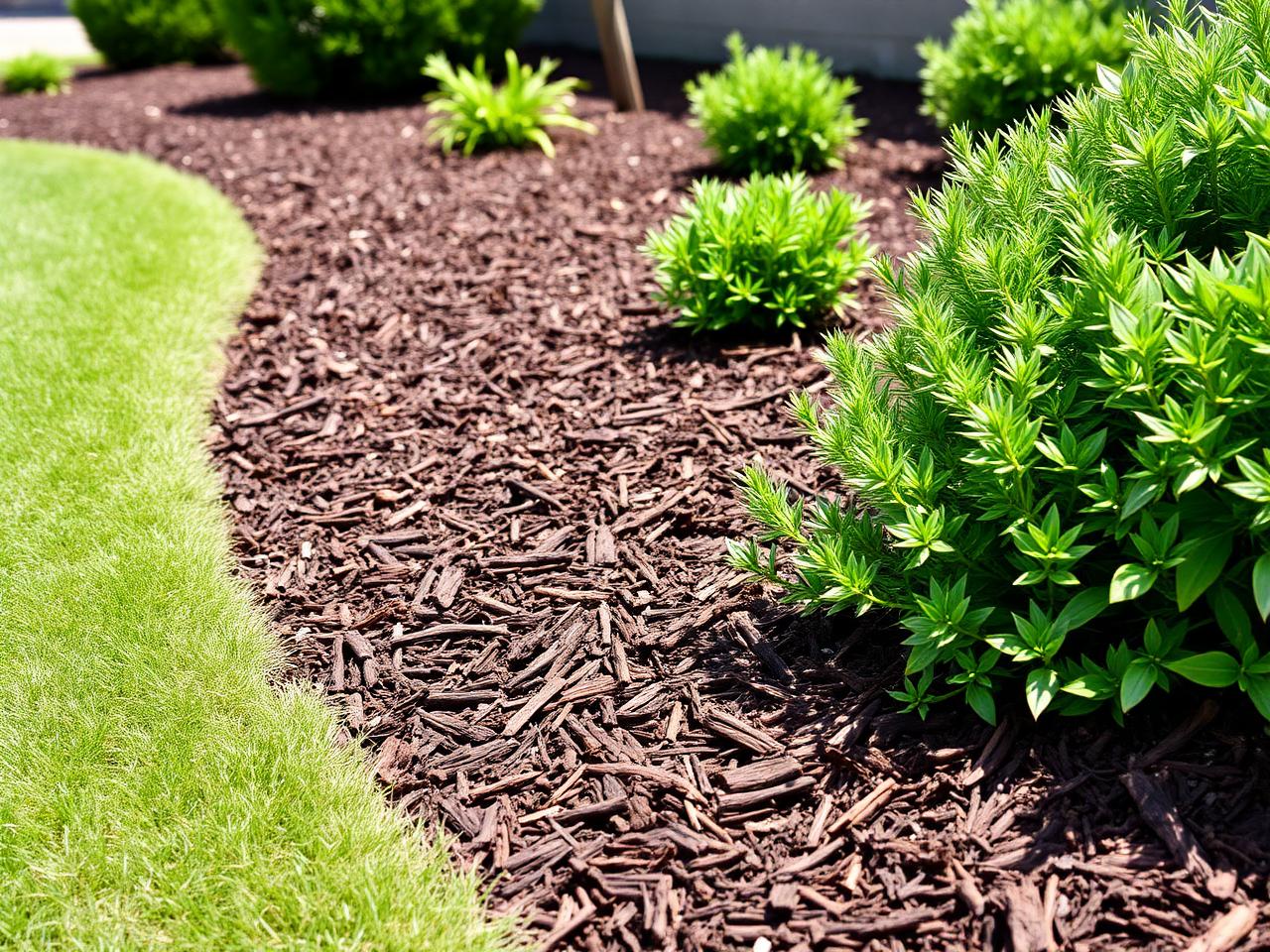 Freshly installed dark bark mulch around shrubs and garden bed edges