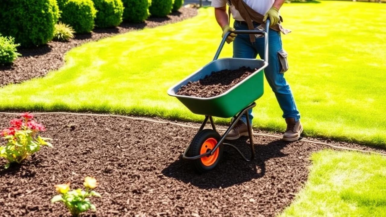 Landscaper pushing a wheelbarrow of mulch across a freshly mulched garden bed